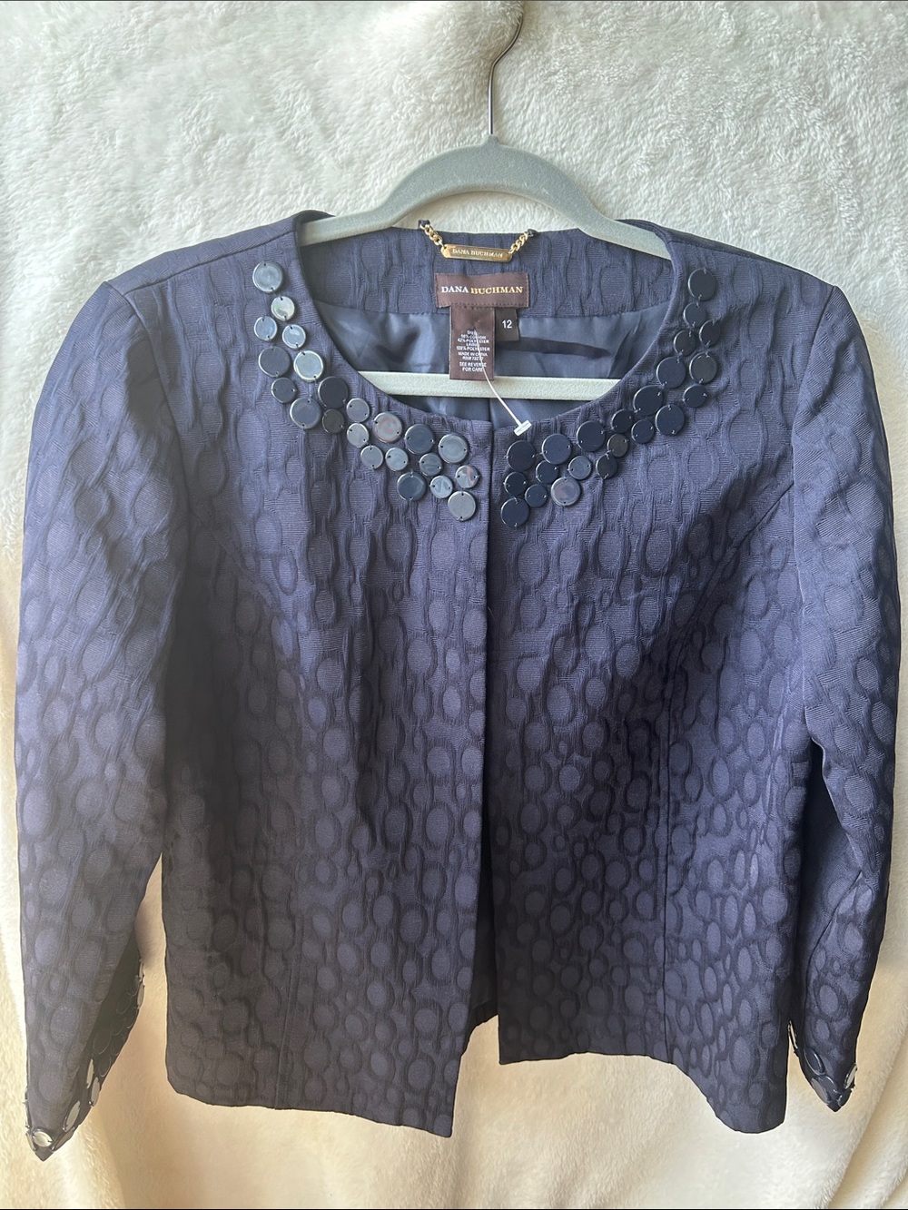 Dana Buchman Navy Textured Jacket with Disc Collar Embellishments